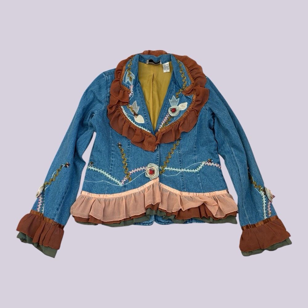 Vintage Carrie Allen S Denim Button Jacket Ruffle Embroidered Boho Artsy